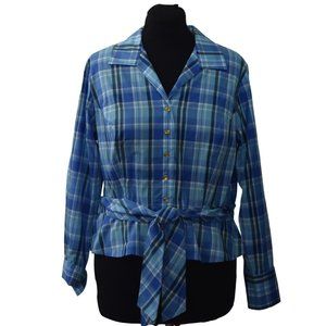 Jones New York Signature Woman 1X Blouse Blue Plaid Belted